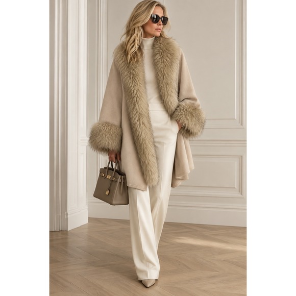 Neiman Marcus Jackets & Blazers - Faux Fur Trim Cape Mob Wife Aesthetic Coat Poncho Old Money Quiet Luxury wrap